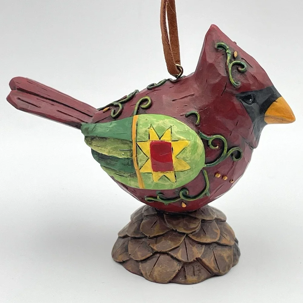 Hand Painted Resin Cardinal Bird Figurine Ornament Folk Art Pinecone Base 3.5